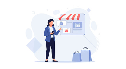 Naklejka premium Woman Interacting with Online Store Interface, Digital Shopping and E-commerce Concept