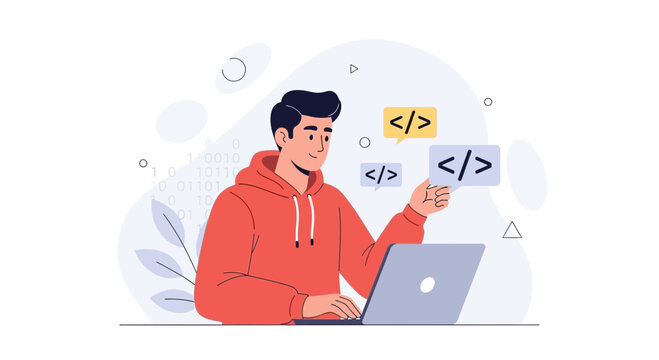 Young Man Coding on Laptop, Digital Development, Programming, Software Engineering, and Technology Concept