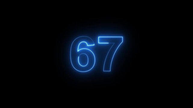 Glowing neon number 67 animation, blue digital countdown timer, futuristic cyberpunk for motion and broadcast