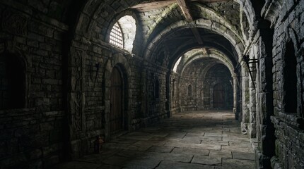 Obraz premium Ancient fantasy stone dungeon with medieval architecture, cinematic lighting, and mysterious underground atmosphere, perfect as a fantasy environment background.