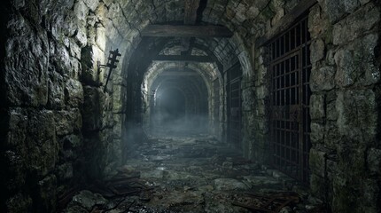 Naklejka premium Ancient abandoned stone tunnel featuring dramatic lighting and immersive fantasy dungeon atmosphere.