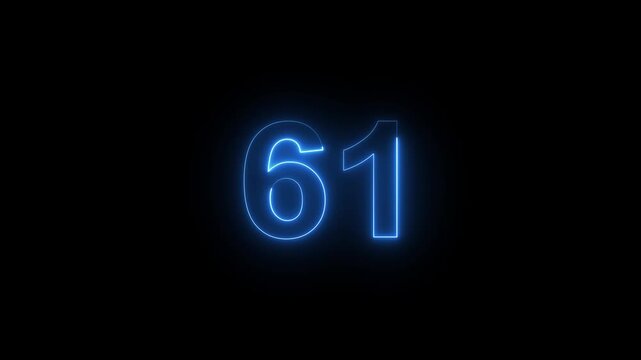 Glowing neon number 61 countdown timer with electric blue light effect on black background sixty-one