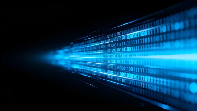 Blue binary code stream on dark background