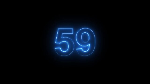 Glowing neon number 59 countdown timer, blue digital light effect on black background, for motion and broadcast
