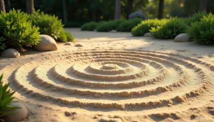 Obraz premium Concentric circles raked in sand, Zen garden tranquility , sand texture, Japanese garden, serenity