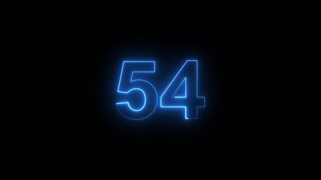 Glowing neon number 54 countdown timer with electric blue light effect on black background, for digital motion, and broadcast