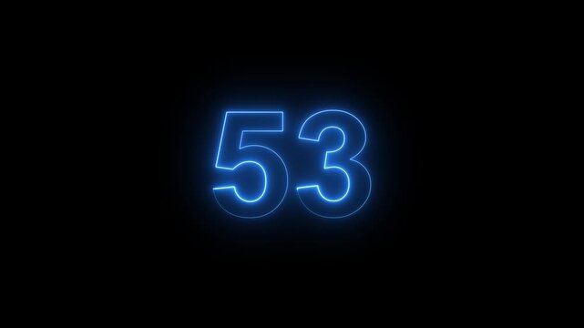 Glowing neon number 53 countdown timer, electric blue digital display on black background, for motion and, event intros