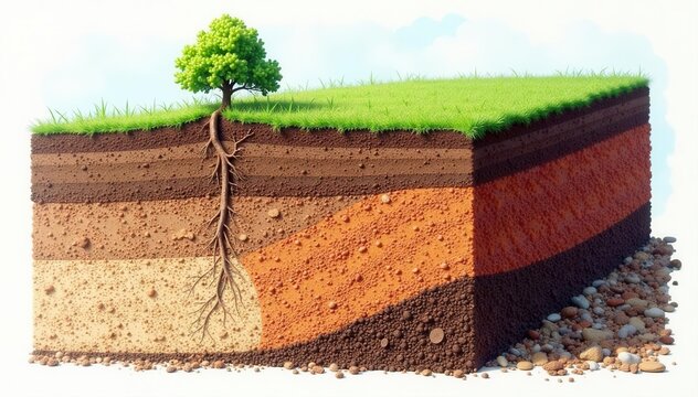 Cross-section illustration of layered soil profile  From topsoil to bedrock, showing various geological strata , bedrock, soil profile, gravel