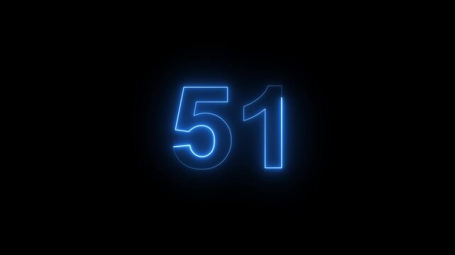 Glowing neon number 51 sign, electric blue light animation on black background, for digital countdown, and modern technology motion
