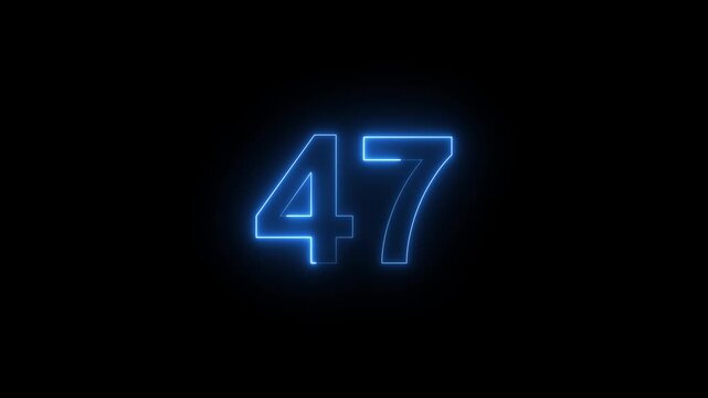 Neon blue number 47 glowing countdown animation on black background, forty-seven