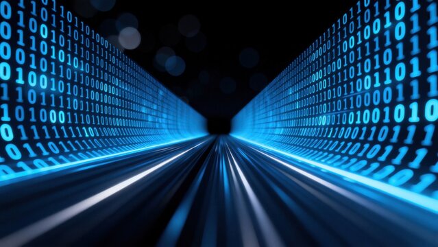 Digital binary tunnel with glowing lines
