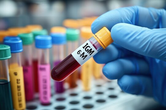 gloved hand holding a blood test tube labeled IGM 6-M among colorful capped vials in a laboratory rack, conveying careful clinical focus and diagnostic urgency