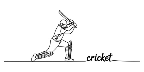 Continuous line drawing of a cricket player hitting a ball © GOBINDO