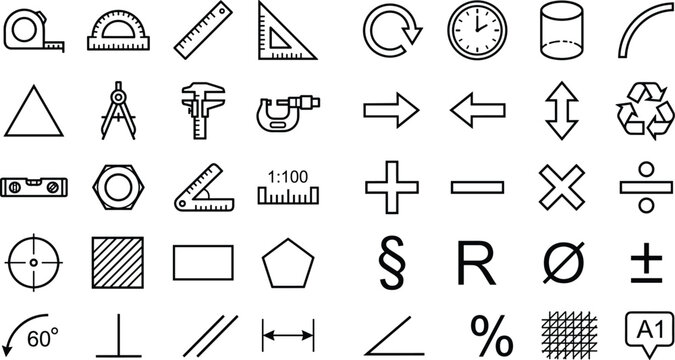 Mathematics and geometry line icon set, technical measurement tools, math symbols, education and engineering blueprint minimal vector icons