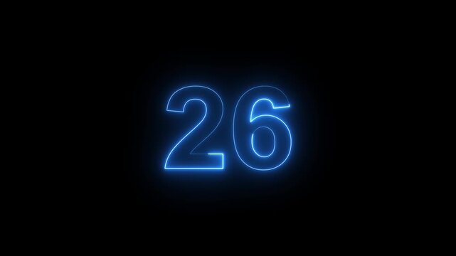 Neon blue glowing number 26 countdown timer on black background, for digital motion, and event intros twenty-six