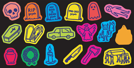 Naklejka premium A collection of colorful Halloween-themed stickers, including skulls, gravestones, ghosts, coffins, and other spooky elements, perfect for festive designs.