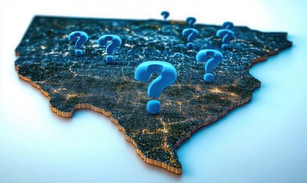3D state-shaped illuminated map at night dotted with glowing city lights and large blue question marks conveying uncertainty and curiosity