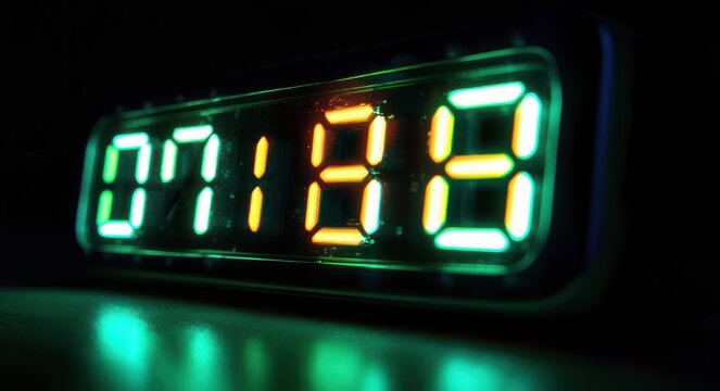 close-up of a digital alarm clock with glowing green and amber seven-segment digits on a reflective surface in a dark, moody neon atmosphere