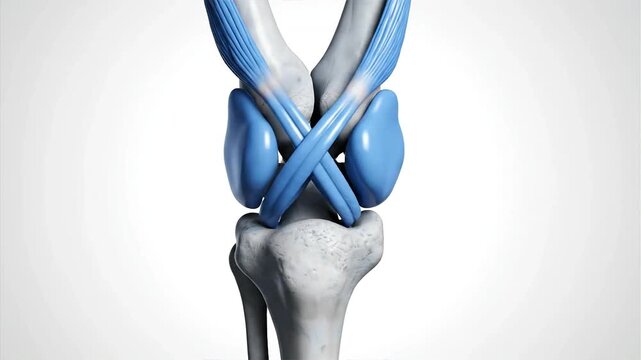 Detailed 3D Rendering of the Knee Joint Ligaments Depicting Cruciate and Collateral Structures Supporting Bone Articulation and Human Locomotion For Medical Science And Fitness Industries. Anatomy Med
