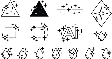 Sparkle and shine line icon set, artificial intelligence sparkles, magic stars, clean and pure water drops minimal vector icons © Sabbir