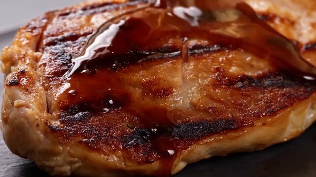 Slow motion close up of grilled pork chop being glazed with sauce on dark countertop in studio kitchen