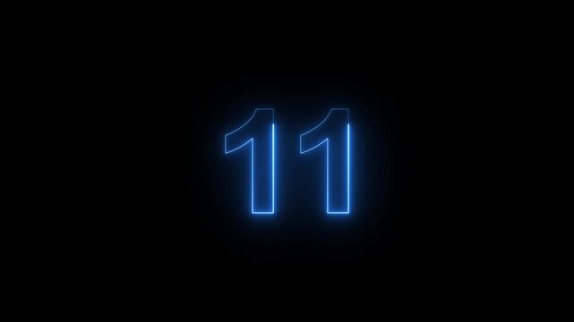Neon blue number 11 glowing countdown timer animation on black background, for digital and, motion