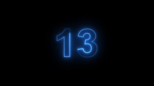 Glowing neon number 13 sign with pulsing blue light effect on black background, thirteen