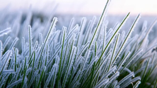 Slow motion tracking shot of frost covered grass blades swaying in cold meadow with soft sunrise light and dewy horizon