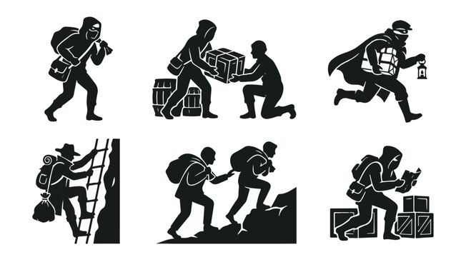 Silhouette of smugglers in various actions

