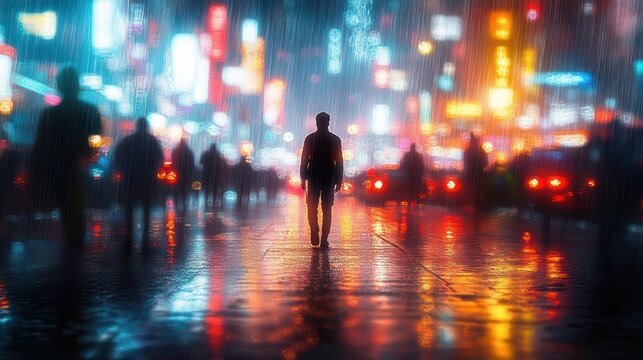 solitary figure walking down a rain-slick city street at night amid blurred pedestrians, neon signs and colorful reflections, moody and contemplative urban atmosphere