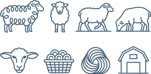 Sheep Farming and Wool Industry Line Icon Collection Featuring Grazing Ewe Lamb Head Wool Basket Yarn Ball and Barn Symbols for Agricultural Projects © MstSuborna