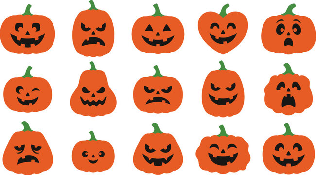 Halloween pumpkins with various spooky faces for decoration and festive fun
