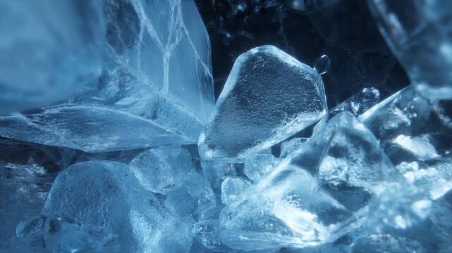 Slow motion close up of glacier ice chunks shifting and settling inside icy cave interior with blue translucent crystalline surfaces