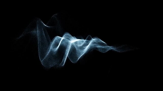 Slow motion tracking shot of particle waveform oscillating and morphing across black background in digital studio