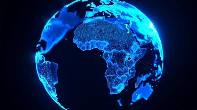 Tracking shot of digital globe slowly rotating revealing networked continents with glowing blue dots in dark virtual space