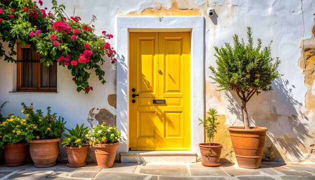Puerta amarilla en fachada blanca mediterr&aacute;nea con macetas, buganvilla y plantas decorativas en calle soleada