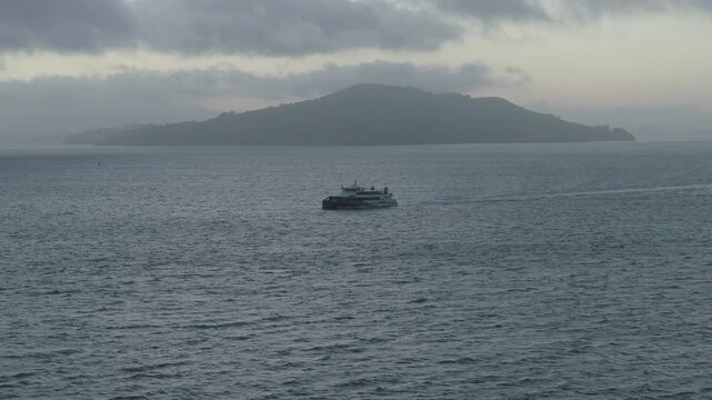 Passenger Ferry Crossing San Francisco Bay on Overcast Day - Drone Shot