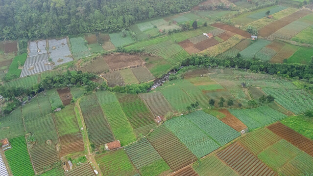 Aerial view of agricultural fields with diverse crop patterns and a small stream winding through the landscape in West Java, Indonesia.