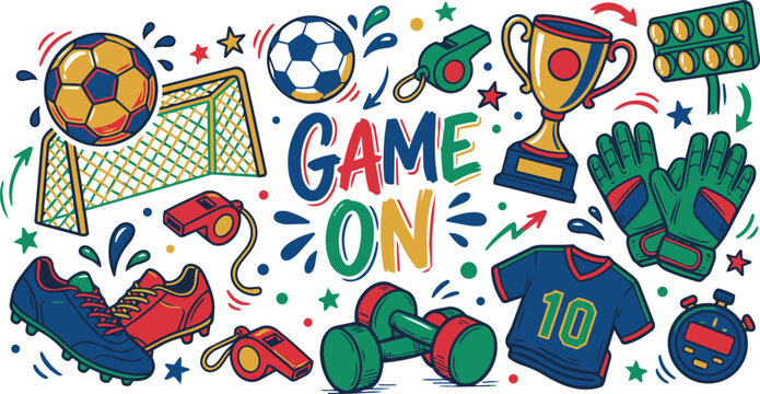 Hand Drawn Football Equipment and Dumbbells Vector Clipart with Lettering