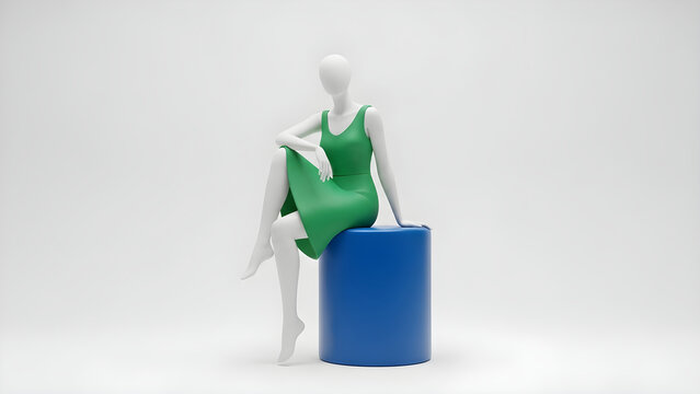 A white mannequin wearing a green dress sits on a blue cylinder.
