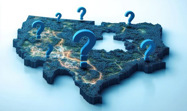 3d blocky topographic map with glowing road networks and oversized blue question marks conveying uncertainty and mystery