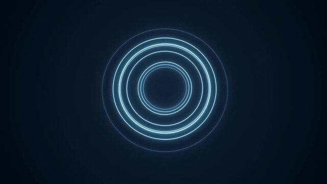 Slow motion zoom of concentric neon rings expanding and pulsing in dark studio background