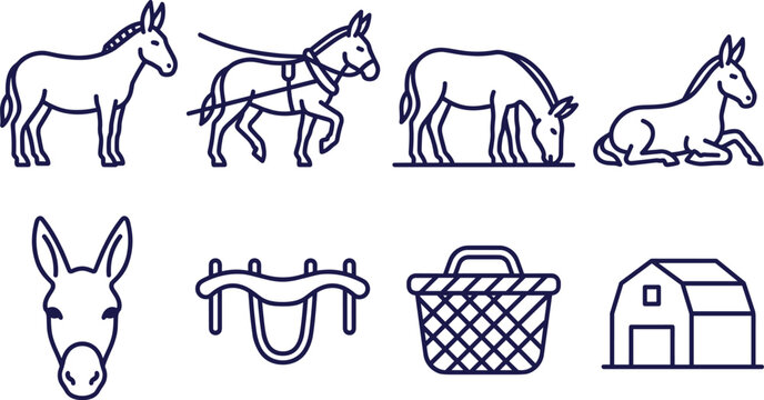 Donkey Farm Line Icon Set with Pack Animal Outline Collection for Agriculture, Rural Transport, Livestock, Barn, and Countryside Design Projects