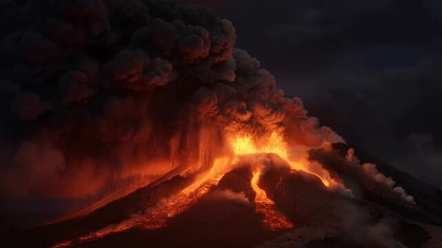 Aerial slow motion static tilt view of volcano erupting with lava flows and ash plume across mountainside landscape at night