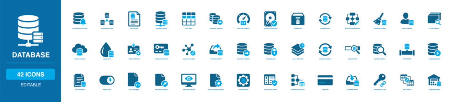 Database Solid Icon Set featuring cloud database, code document, data settings, data table, warehouse, server, search drive, secure panels, sync, transfer, hierarchy nodes and report