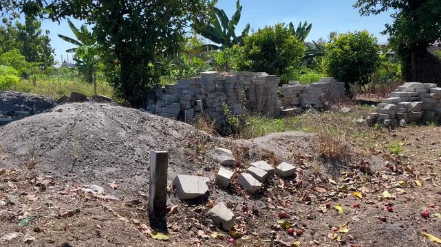 Collapsed concrete brick wall material at construction site