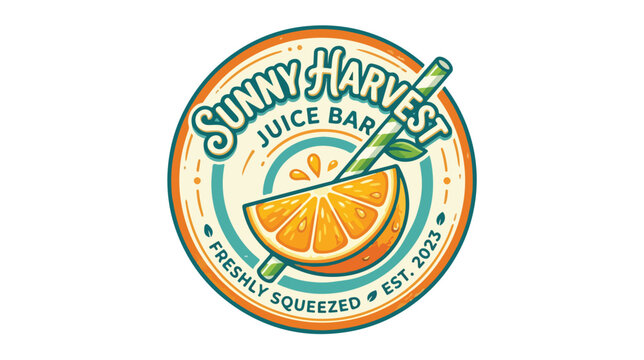 Sunny Harvest Juice Bar logo emblem with orange slice and straw.