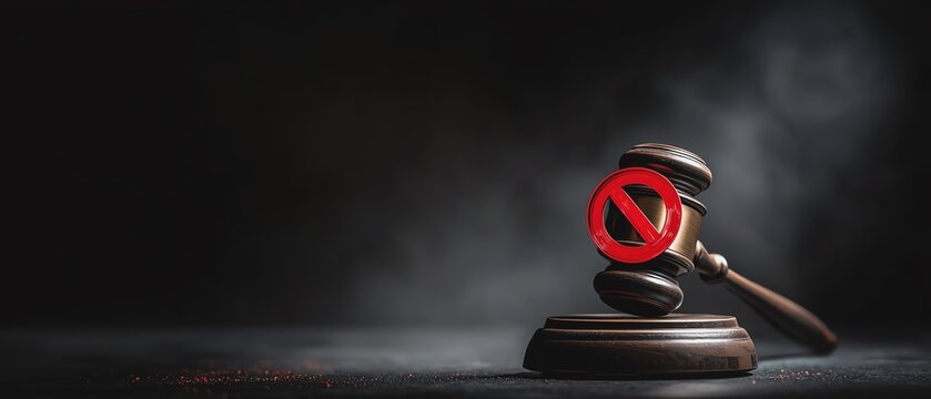 A gavel with a prohibition sign on it.