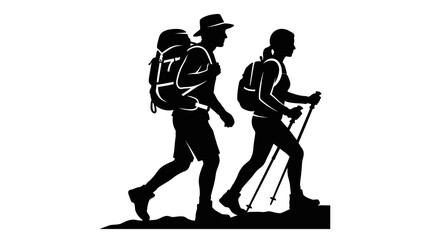 Obraz premium Silhouettes of two hikers with backpacks and trekking poles walking.