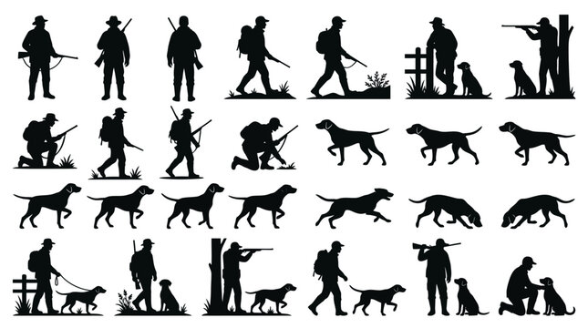 Silhouettes of hunters and their dogs engaged in various hunting activities.